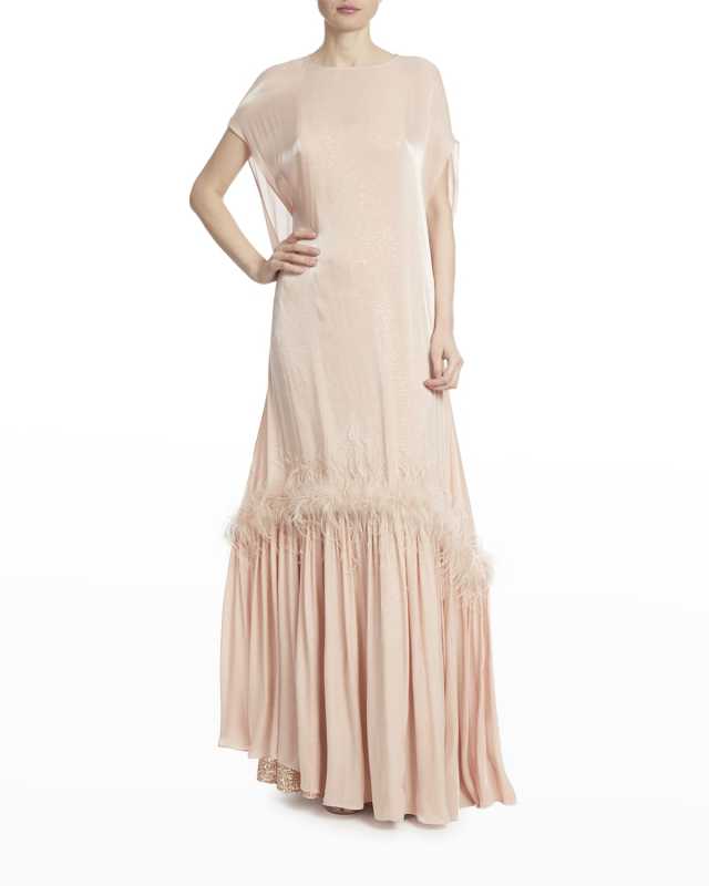 Layered Sequin Feather-Trim Gown